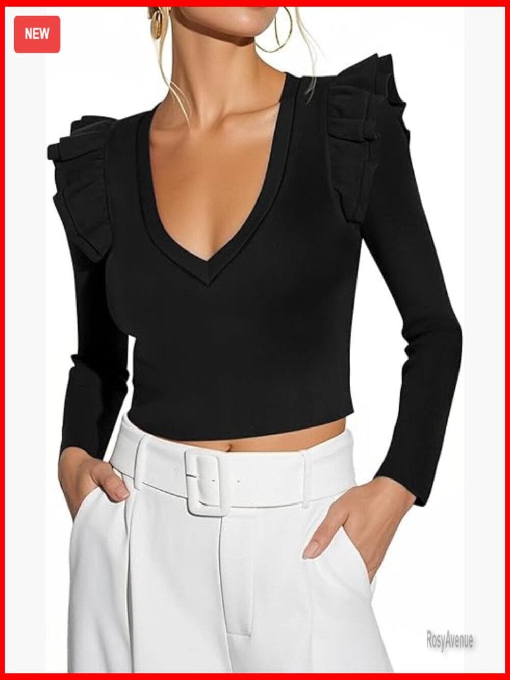 Long Sleeve V Neck Crop Top Ribbed Knit Blouse Ruffle Details Slim Fit